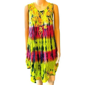 Boho Tied Dyed Sequins Beads Embroidery Beach Summer Midi Dress Women Fit Most
